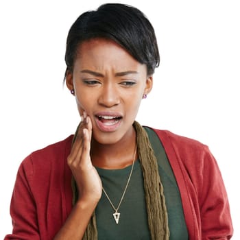 Dental, toothache and oral hygiene with a black woman touching her mouth in studio isolated on a white background. Dentist, teeth and insurance with a female suffering with pain or tooth decay.