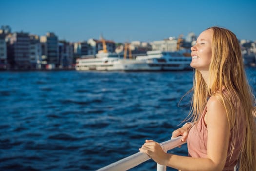 Happy woman enjoying the sea from ferry boat crossing Bosphorus in Istanbul. Summer trip to Istanbul.