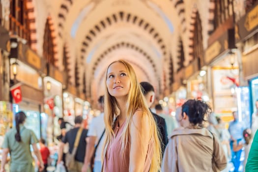 A tourist woman walks among the countless shops at the Grand Bazaar and Egyptian Bazaar in Istanbul. Shopping and travel in Turkey concept. Istanbul historical Egyptian Bazaar. Misir Carsisi, spice market. Turkiye.