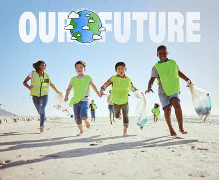 Running children, climate change or beach clean up in ocean waste management, sea recycling or nature sustainability. Smile, happy or fun kids in global warming teamwork or community service activity.