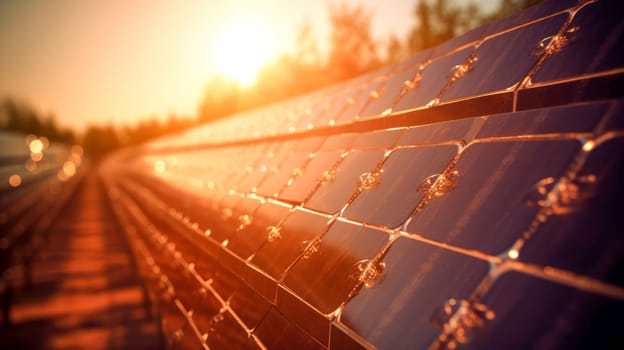 Aerial drone view of large solar panels at a solar farm at bright sunset. Generative Ai