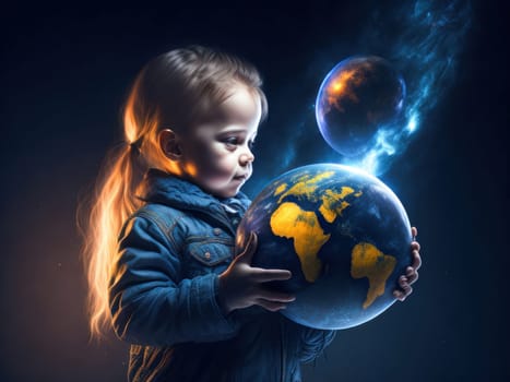 Small girl is holding the Earth. Save the planet. Earth Day. Future is in Their Hands. Generative Ai