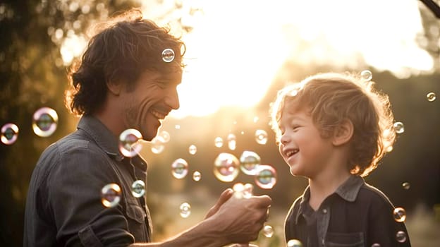 Father and his little child playing with bubbles during the golden hour. Concept of fathers day, fathers love, relationships between dad and child. Generative Ai.
