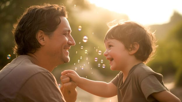 Father and his little child playing with bubbles during the golden hour. Concept of fathers day, fathers love, relationships between dad and child. Generative Ai.