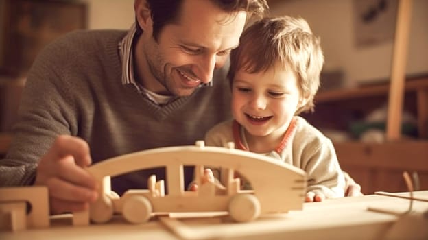 Father and his little child playing wooden car together during the golden hour. Concept of fathers day, fathers love, relationships between dad and child. Generative Ai.