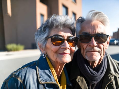 Smiling senior couple with grey hair in sunglasses with modern clothes walking at the city enjoying the retirement together. Generative Ai