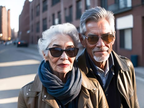 Smiling senior couple with grey hair in sunglasses with modern clothes walking at the city enjoying the retirement together. Generative Ai