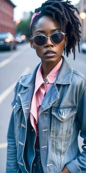 Charming black woman in pink sunglasses wearing stylish denim jacket looking at the camera standing on a blurred city background. Hipster girl. Vertical. Generative Ai