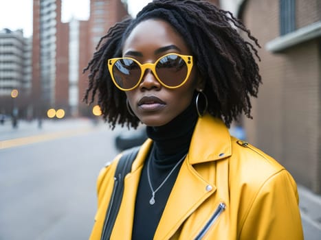 Charming black woman in yellow sunglasses wearing stylish yellow leather jacket looking at the camera standing on a blurred city background. Hipster girl. Generative Ai