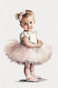 Watercolor little ballerina girl in a pink dress with a tutu skirt makes a pose on a white background. Generative ai.