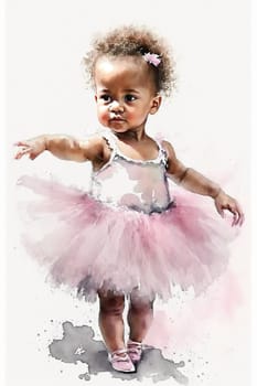 Watercolor little ballerina girl in a pink dress with a tutu skirt makes a pose on a white background. Generative ai.