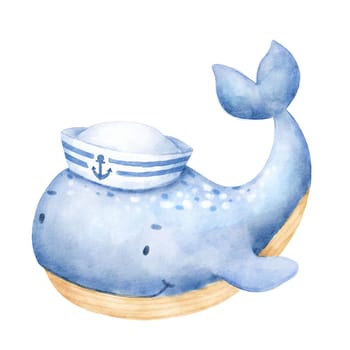 Cute watercolor whale character isolated on white. Hand drawn nautical illustration. Sea animal with hat