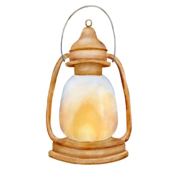 Camping burning lamp with wick. Watercolor clipart isolated on white. Nautical cute illustration. Antique lantern