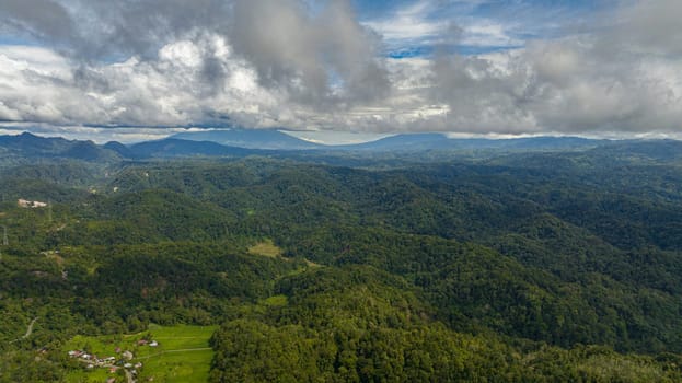 Top view of mountains with rainforest and clouds. Sumatra, Indonesia.
