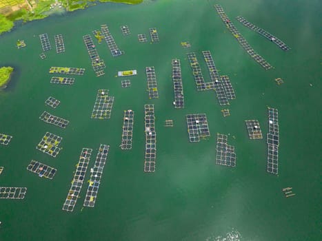 Farmland and fish farm on Lake Maninjau. Agriculture in the mountains of Sumatra. Indonesia.