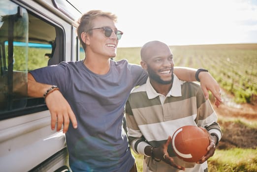 Sports, vacation and friends on road trip, holiday and stop to rest, play games or enjoy countryside view together. Diversity men playing, adventure or travel for summer, getaway or bonding in nature.