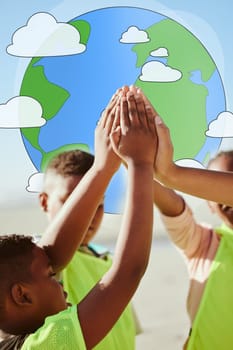 Earth, hands and high five by volunteer children collaboration to support teamwork, help and community. Hand, friends and kids connect in change, world and partnership for environment, planet or goal.