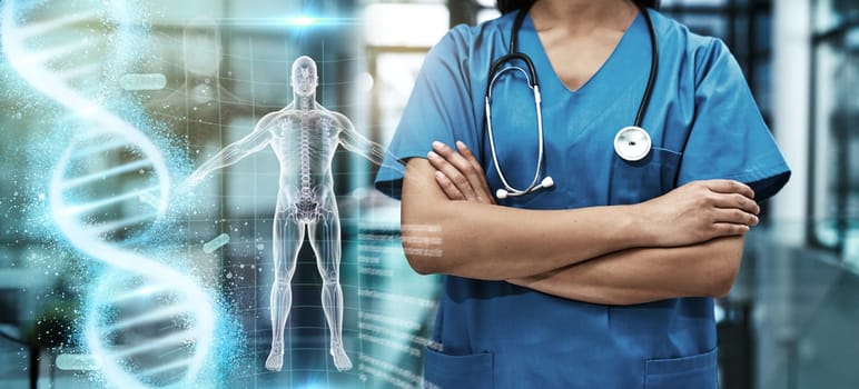 Woman doctor, healthcare and body hologram overlay for health, wellness and hospital insurance. Person arms and 3d anatomy ai technology for medical abstract or dna future, innovation and development.