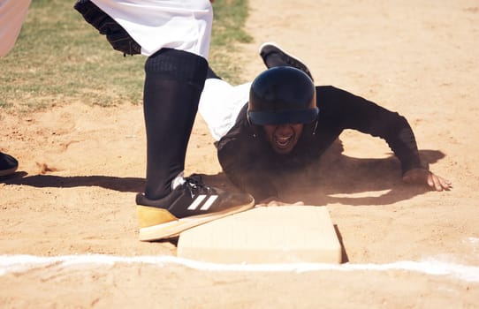 Baseball player safe, running and man on a softball base at a game with training and dirt. Dust, sport and male athlete outdoor on a field with exercise and run to box of runner on sand with cardio.