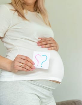 Pregnant woman who will be the question mark. Selective focus. Cute.