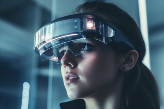woman digital hand game business online innovation future concept icon neon futuristic line goggles screen glasses headset virtual technology helmet human. Generative AI.