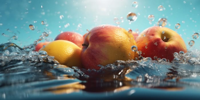 fresh background agriculture water green fruit food concept vegetarian isolated bubble healthy clean drop health diet citrus apple vitamin strawberry orange. Generative AI.