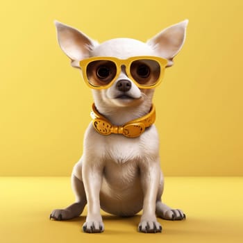 dog cute canino clever pedigree smart background purebred pet copy animal friend puppy portrait yellow fun isolated eyeglass chihuahua glasses space studio. Generative AI.
