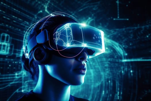 woman headset line device screen glasses concept glow entertainment electronic business innovation cyber digital goggles cyberspace future abstract technology virtual reality. Generative AI.