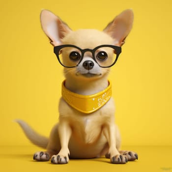 cute dog young smart humor animal clever glasses portrait mammal pet little canine canino wear yellow background fun puppy looking chihuahua. Generative AI.