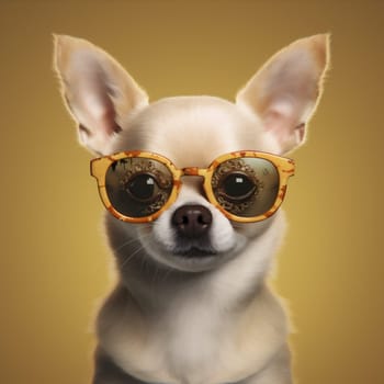 dog young pet friend puppy clever studio canino mammal glasses looking tie copy portrait chihuahua space little cute yellow background isolated animal. Generative AI.