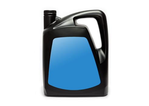 Plastic canister with compressor oil on a white background. High quality photo