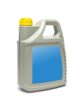 Plastic canister with compressor oil on a white background. High quality photo
