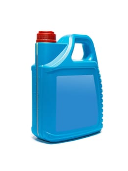 Plastic canister with compressor oil on a white background. High quality photo
