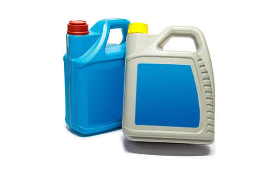 Plastic canister with compressor oil on a white background. High quality photo