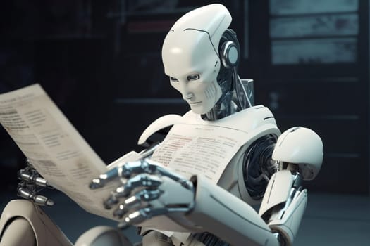 man automation pen device technology cyborg ai digital artificial modern process hand paper arm laptop concept office robot document paperwork. Generative AI.