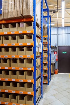 High racks in the warehouse of goods. High quality photo