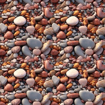 Seamless pattern: Sea stones. Naturally polished and rounded river pebbles repeating background. Realistic 3D illustration. Generated AI