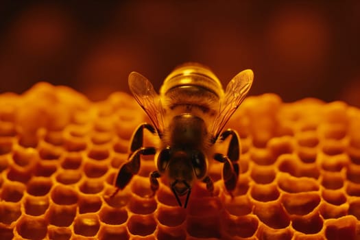 bee honey hexagon wing pollen closeup apiculture nature gold yellow macro honey beehive insect wild working generative background bug nectar bee shape. Generative AI.