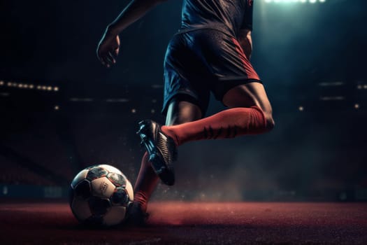 man kick ball shoe summer match playground competitive sport light stadium foot game competition soccer football background goal person attack. Generative AI.