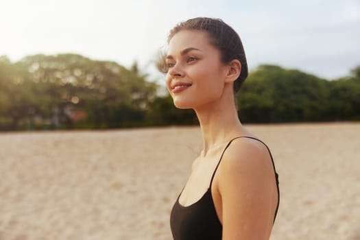 woman summer copy-space beauty peaceful sea sunset travel girl sand walking ocean vacation smile sun happiness walk freedom beach sky lifestyle