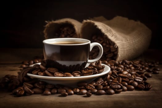 bean hot drink brown cup cafe shop wooden white mug coffee taste vintage latte caffeine closeup espresso aroma breakfast morning. Generative AI.
