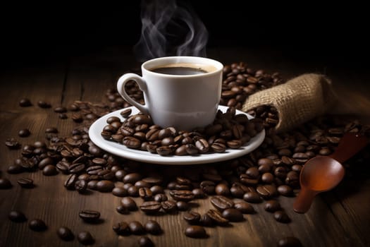background morning latte white copy vintage cafe hot bean dark drink mug brown aroma retro breakfast wooden beverage espresso cup. Generative AI.
