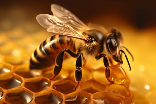 bee insect yellow nectar food sweet wax beehive pollen macro shape natural closeup wild buzz gold wildlife nature background summer honey. Generative AI.