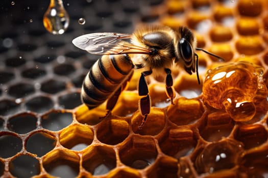 wax honey bee background apiarist insect yellow nectar vibrant pollen closeup macro beehive food apiculture nature hexagon sweet gold honeyed honeycomb. Generative AI.