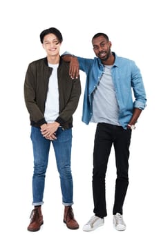 Happy, friends and men fashion portrait of full body in trendy, cool and casual person style. Happiness in interracial friendship of young people together in isolated studio white background