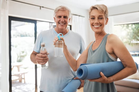 Old couple, yoga mat and water bottle in home ready for fitness, training and meditation. Zen, health and pilates exercise portrait of happy retired man and woman stretching, workout and wellness