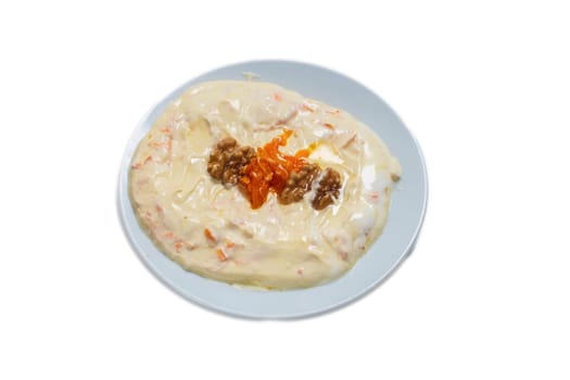 Traditional delicious Turkish foods Fresh carrot salad with garlic yogurt in bowl. Turkish name havuc tarator. High quality photo