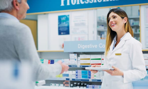 Pharmacist conversation, senior customer and woman helping elderly patient, pharmacy client or person. Healthcare support, communication and female chemist talking, service and help with prescription.