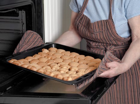 A woman takes a baking sheet with delicious homemade cookies out of the oven. The concept of fresh baking and healthy homemade food.