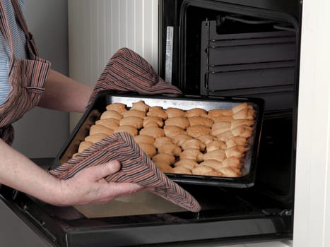 A woman takes a baking sheet with delicious homemade cookies out of the oven. The concept of fresh baking and healthy homemade food.